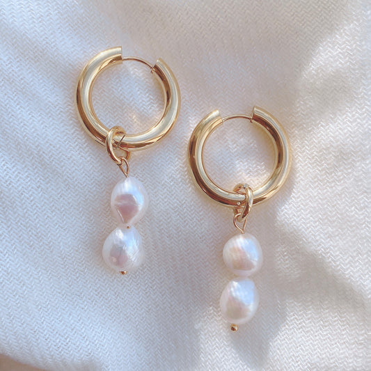 Double Freshwater Pearls Drop Huggies